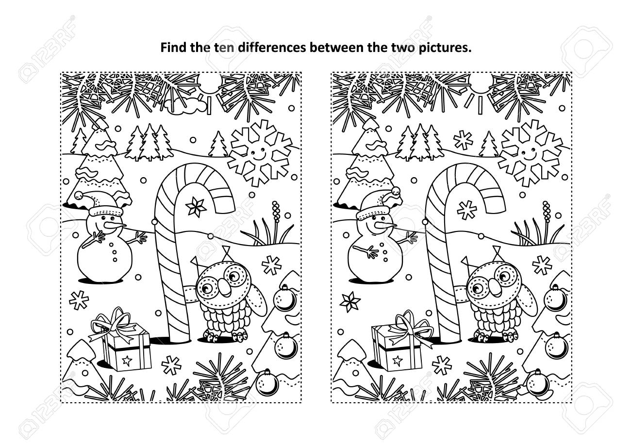 Find the differences picture puzzle and coloring page in winter holiday theme royalty free svg cliparts vectors and stock illustration image