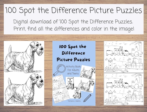 Printable spot the difference picture puzzles activity pdf bundle for adults and teens variety of images that range from easy to hard instant download