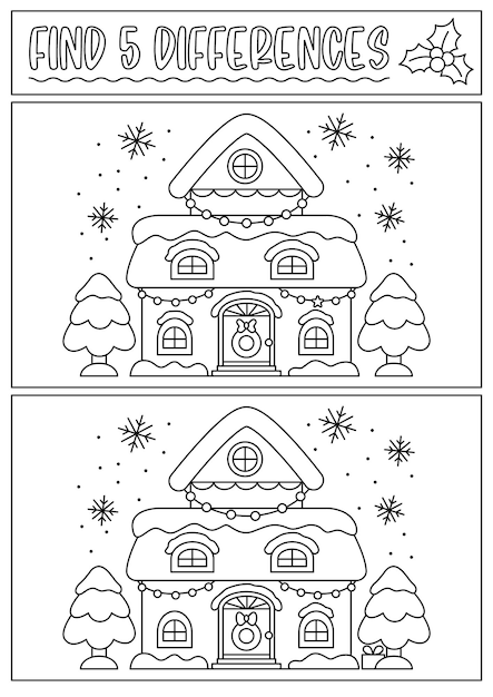 Premium vector christmas black and white find differences game for children attention skills activity with cute decorated house tree snow and snowflakes new year line puzzle or coloring page for kids