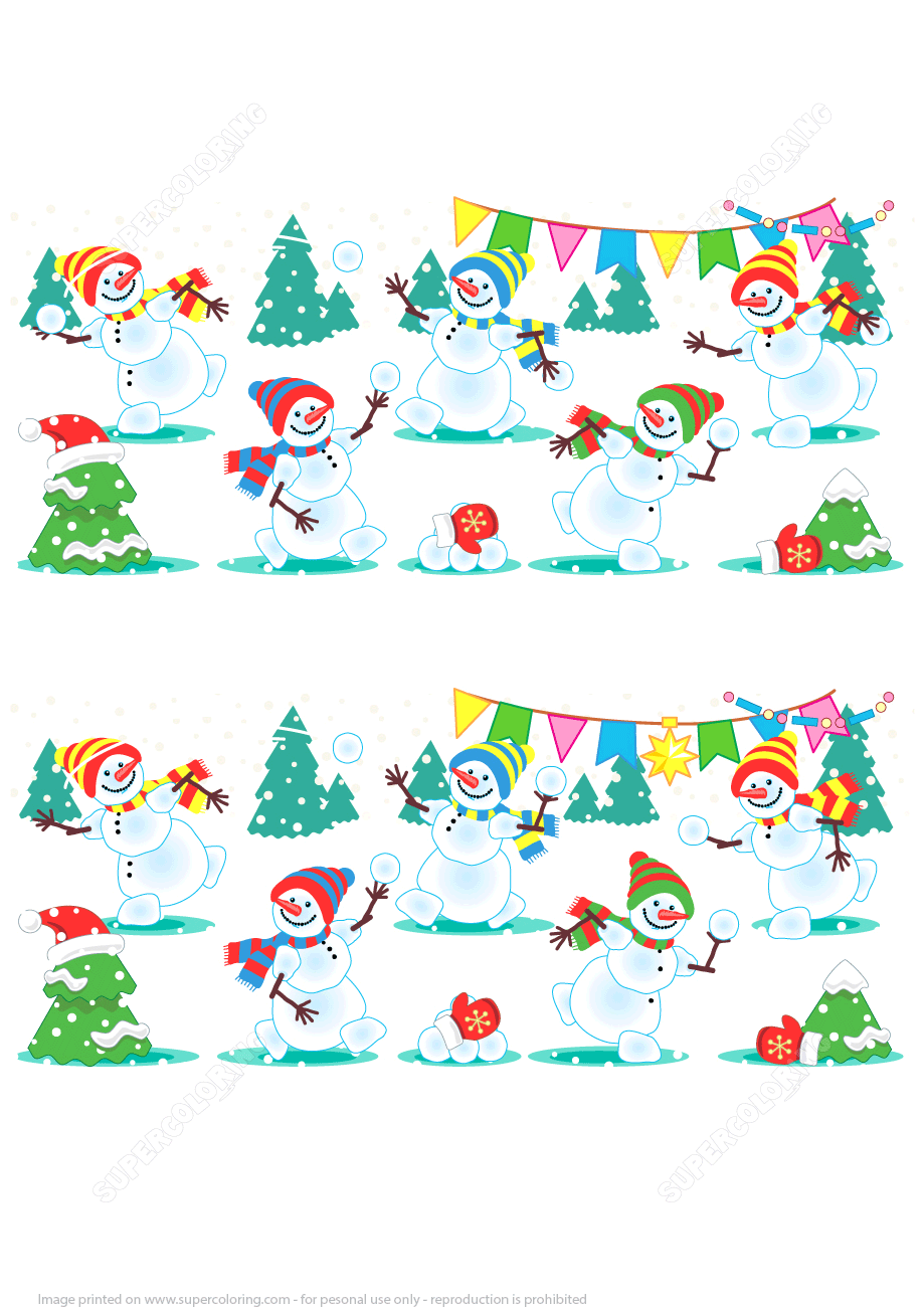 Find differences in a christmas visual puzzle with snowmen free printable puzzle games