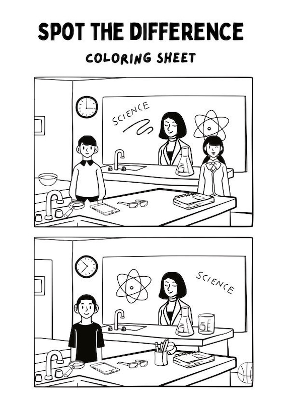 Spot the difference science classroom themed coloring sheet game printout svg