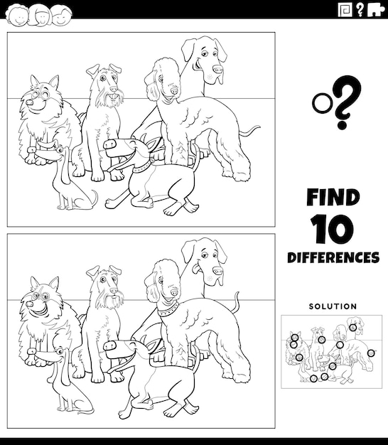 Premium vector differences task with purebred dogs coloring page