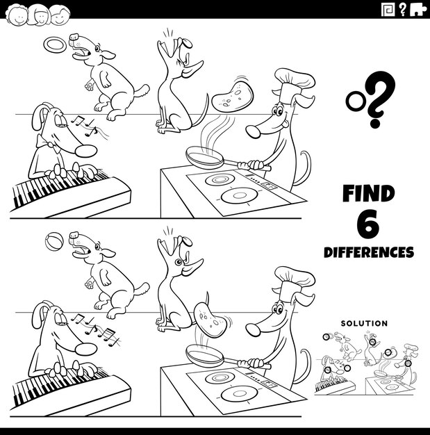 Premium vector differences game with cartoon dogs coloring page