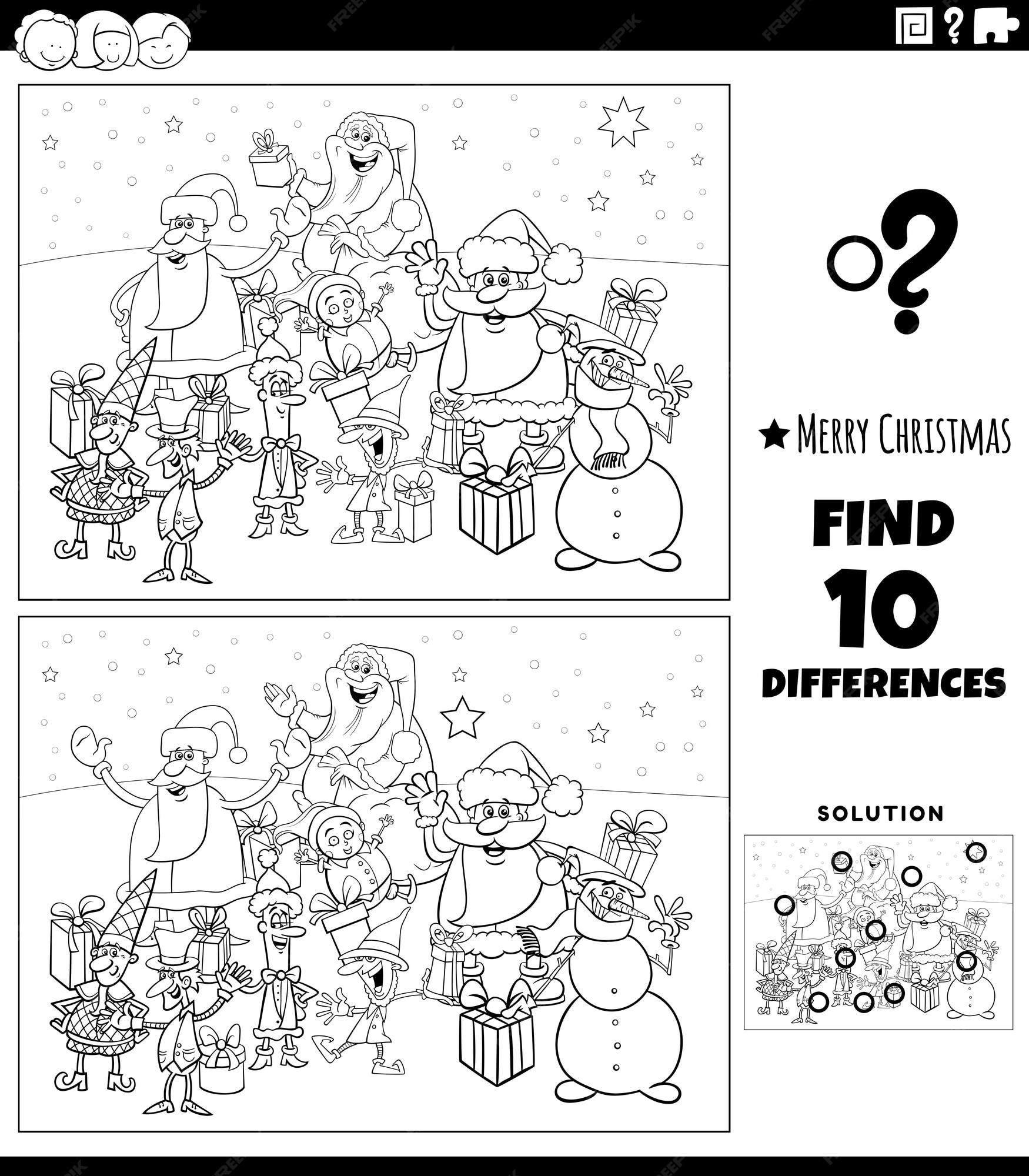 Premium vector differences game with santa clauses characters coloring page