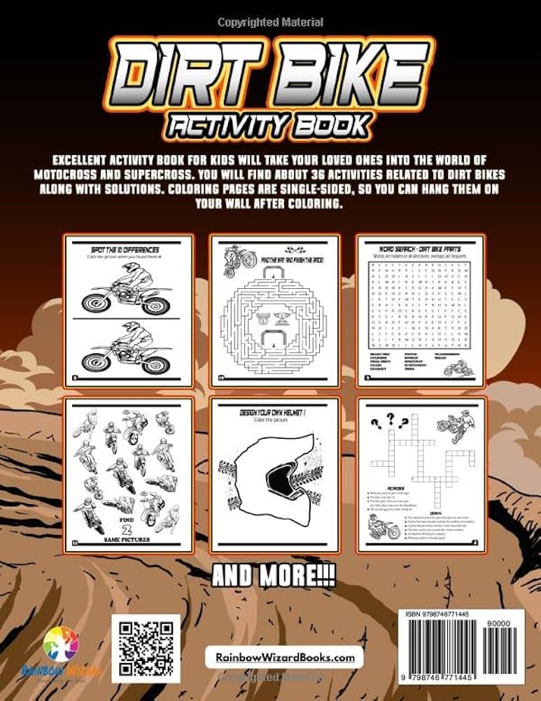 Dirt bike activity book for kids fun activities like mazes spot the difference word search and crossword scramble words coloring pages and more including puzzles answers wizard rainbow books