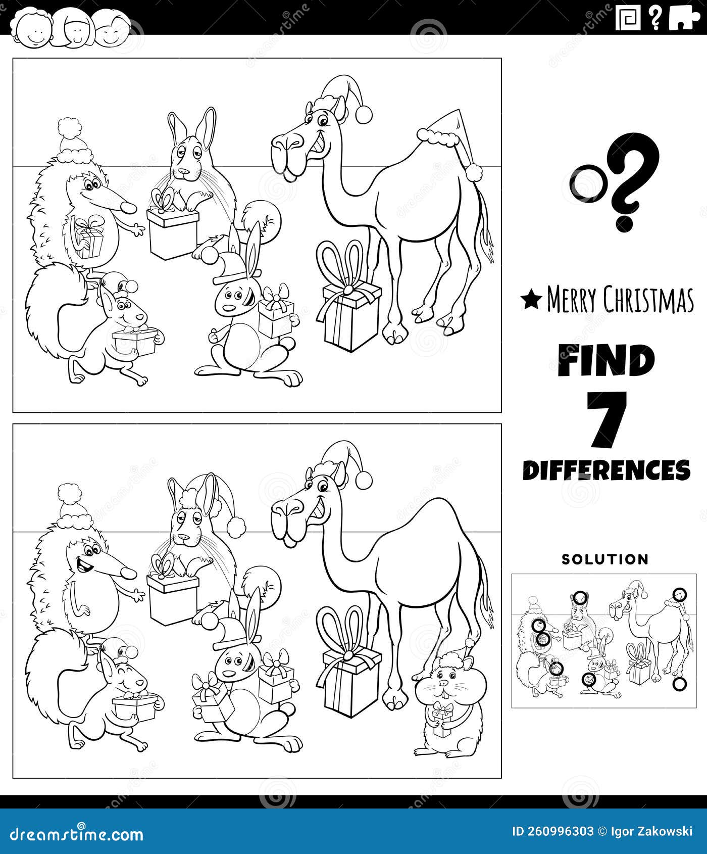 Differences game with animals on christmas time coloring page stock vector