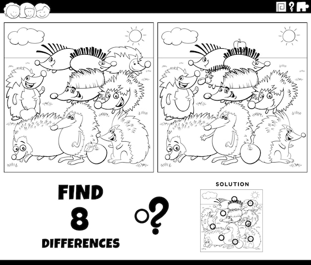Premium vector differences game with cartoon hedgehogs coloring page