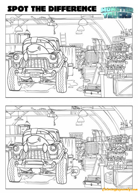 Spot the difference monster truck coloring page