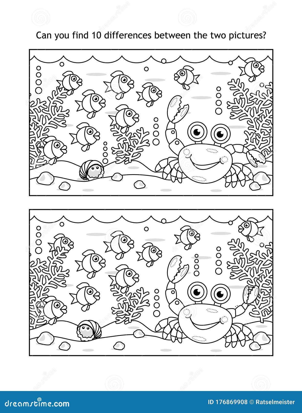 Find ten differences picture puzzle and coloring page sea life black and white stock vector