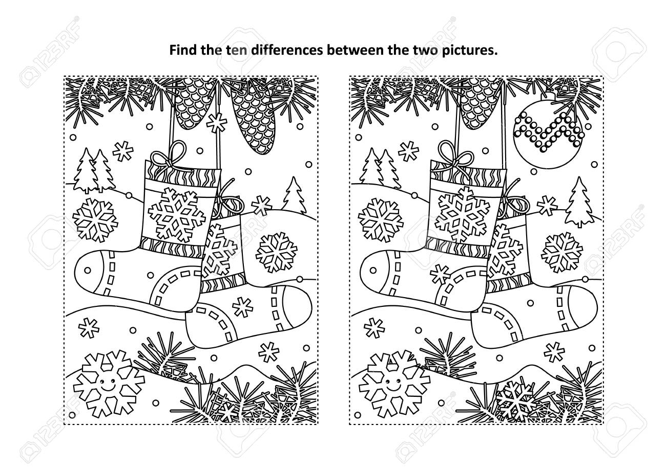 Winter new year or christmas themed find the ten differences picture puzzle and coloring page with socks waiting for holiday gifts and presents royalty free svg cliparts vectors and stock illustration image
