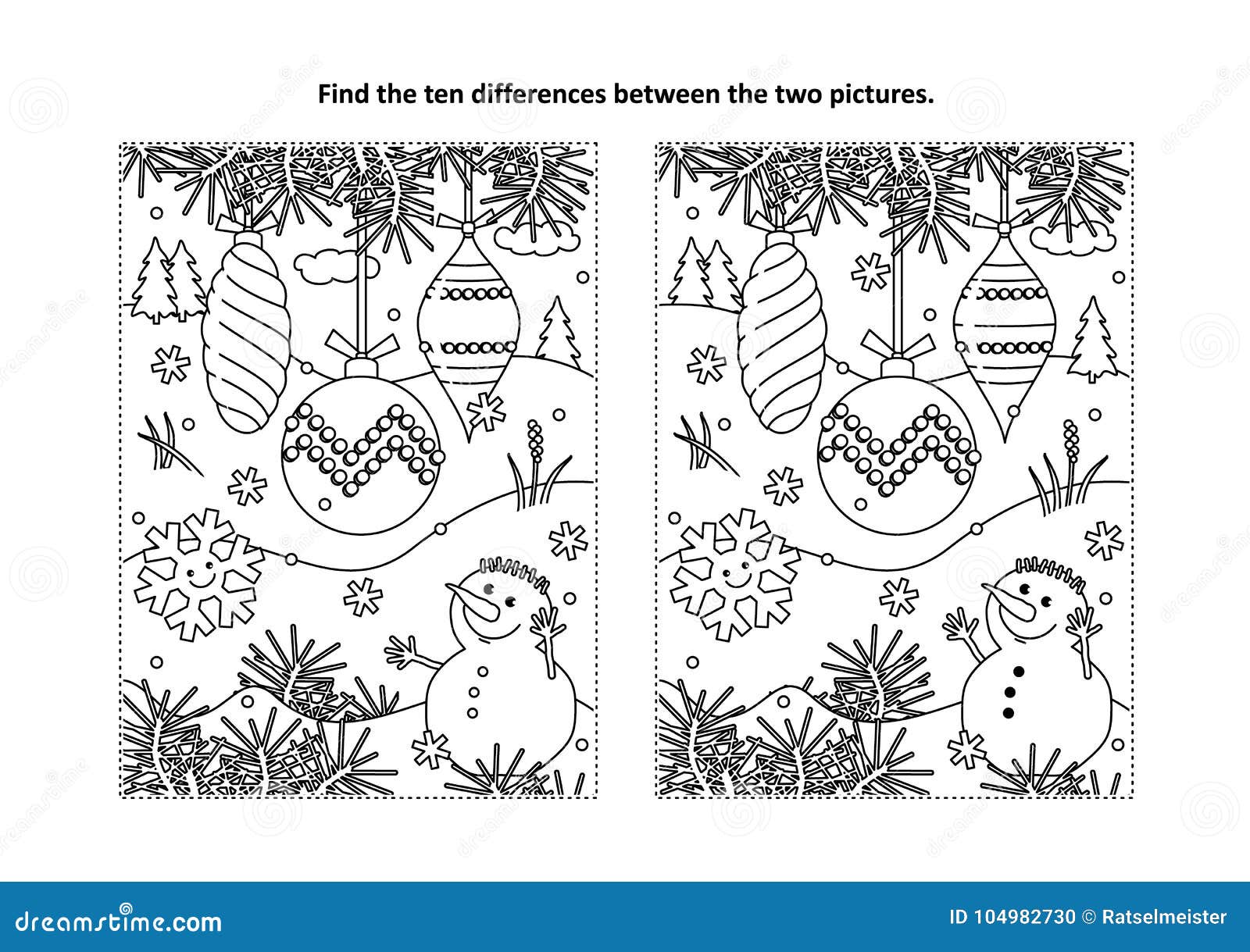 Find the differences visual puzzle and coloring page with christmas tree ornaments and snowman stock vector