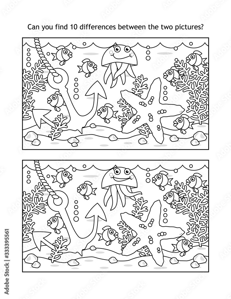 Find ten differences underwater visual puzzle and coloring page sea life black and white suitable both for kids and adults vector