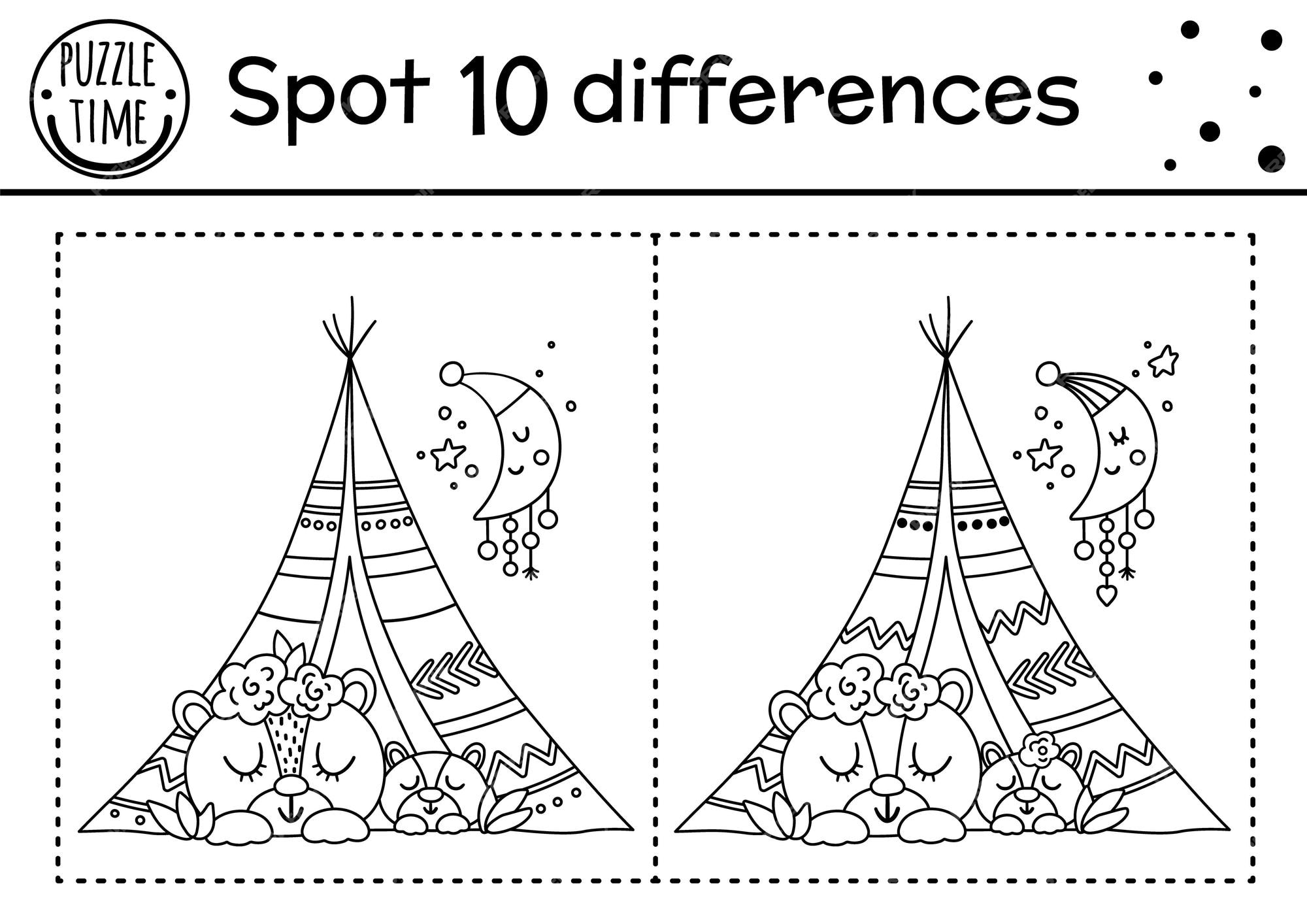 Premium vector mothers day find differences game for children with cute animals holiday black and white activity and coloring page with baby bear and mother in wigwam spring worksheet showing family love xa