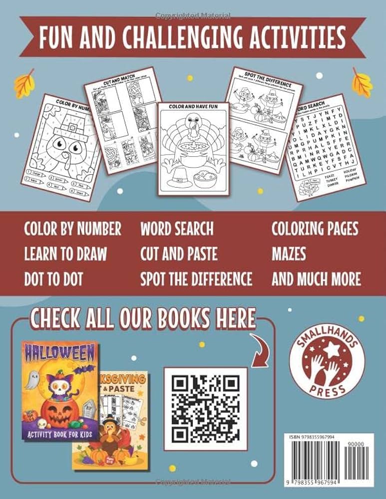 Thanksgiving activity book for kids fun thanksgiving activities cute loring pages dot to dot cut and paste word search how to draw lor by mazes spot the difference and much