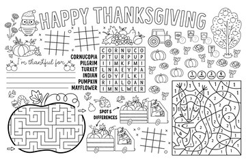 Premium vector vector thanksgiving placemat for kids fall holiday printable activity mat with maze tic tac toe charts connect the dots find difference black and white autumn play mat or coloring