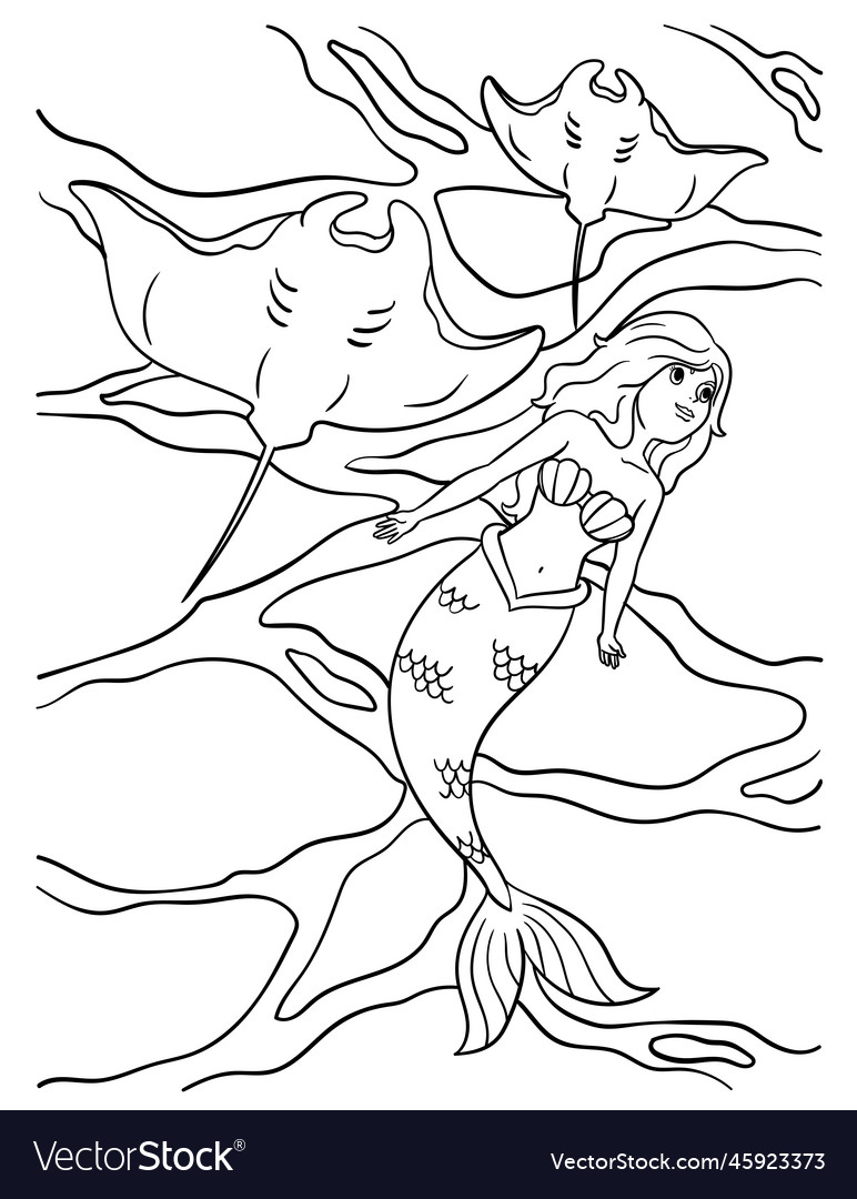 Mermaid with manta ray coloring page for kids vector image