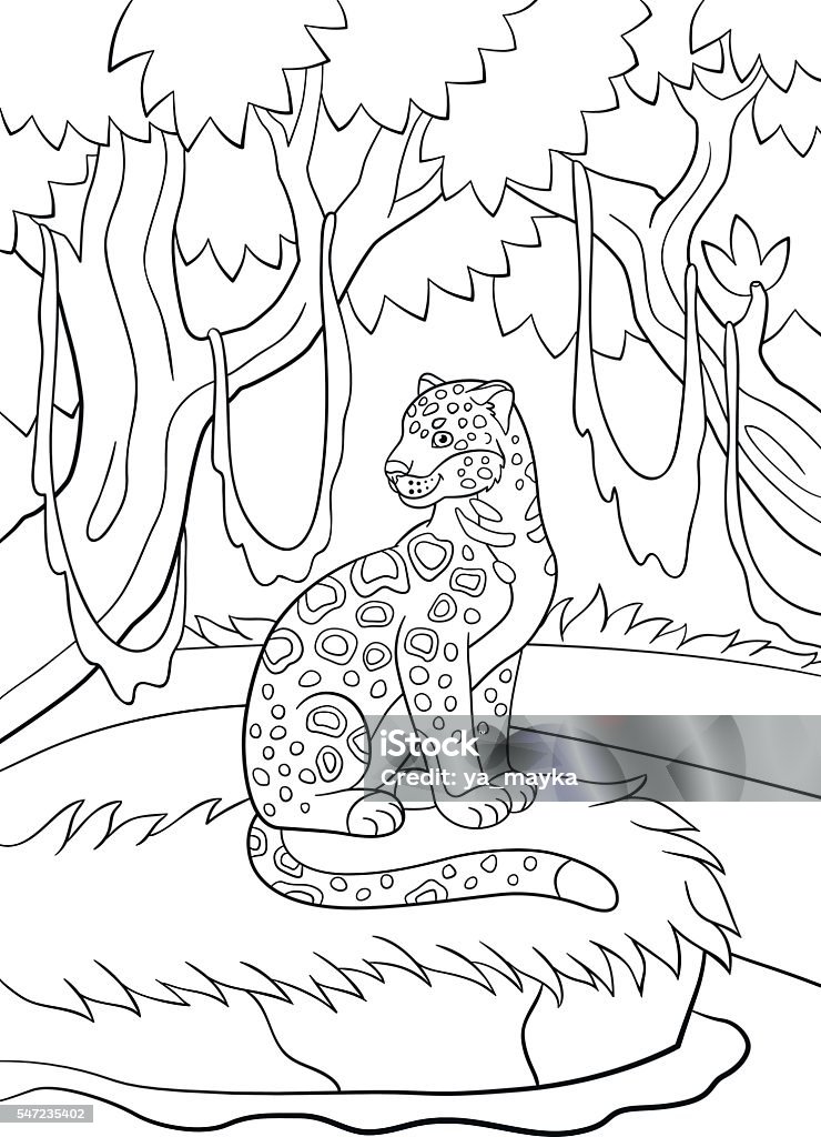 Coloring pages cute spotted jaguar in the forest stock illustration