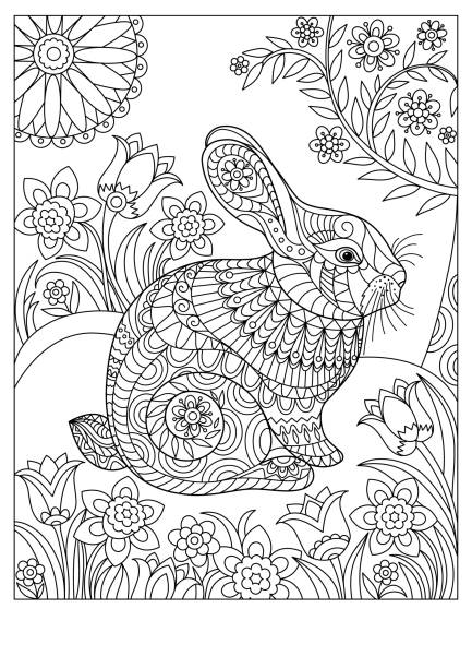 Spring rabbit coloring page for adult and children stock illustration