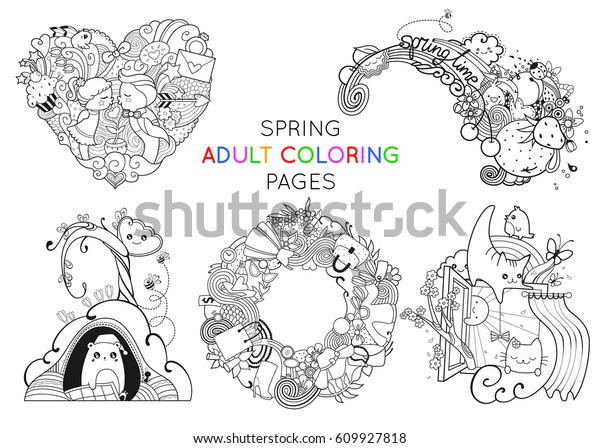 Set spring adult coloring pages template stock vector royalty free