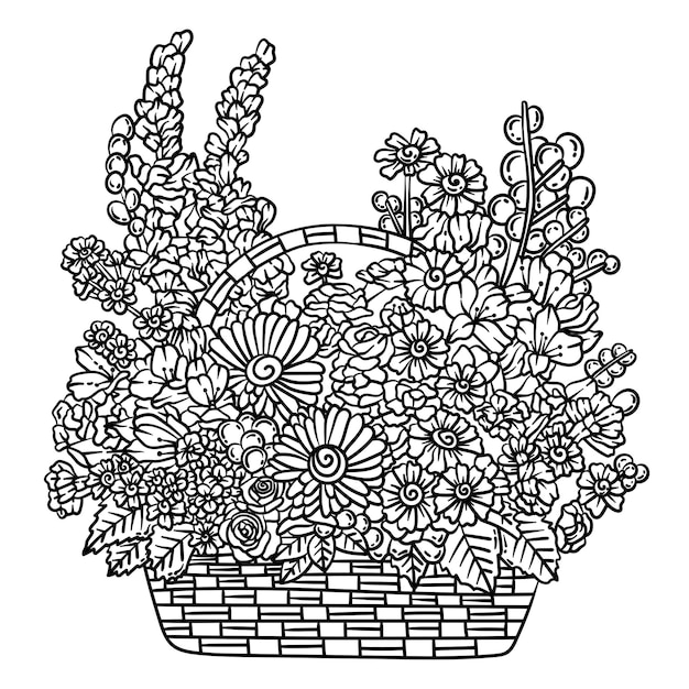 Premium vector basket of flowers spring coloring page for adults