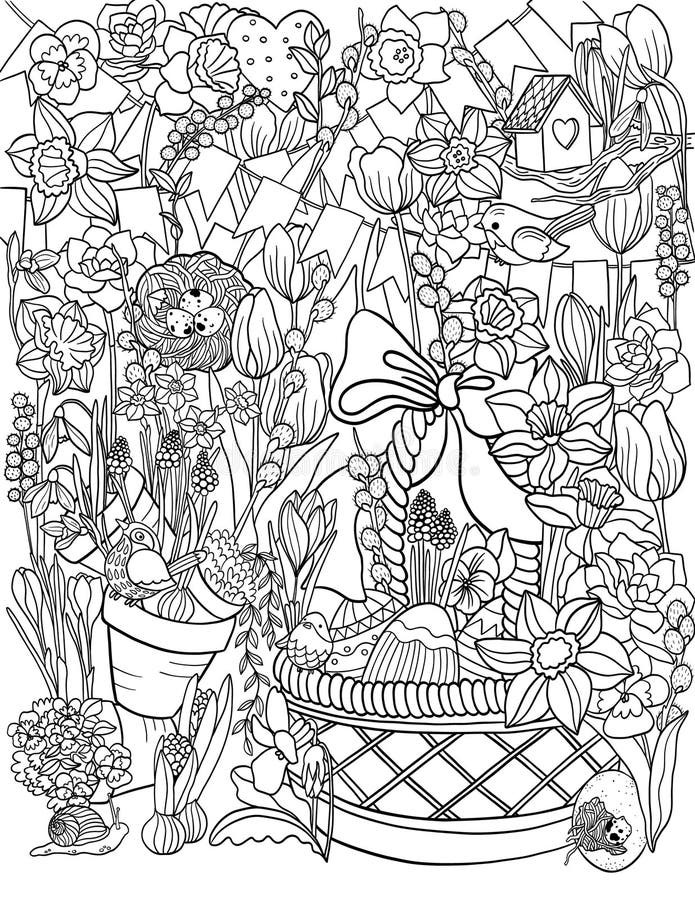 Spring flowers coloring pages easter basket eggs birdhouse snail and birds in spring flowers