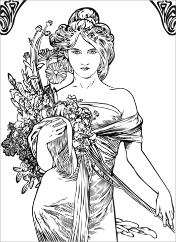 Spring by alfons mucha coloring page arte de art deco diseão art nouveau alphonse mucha