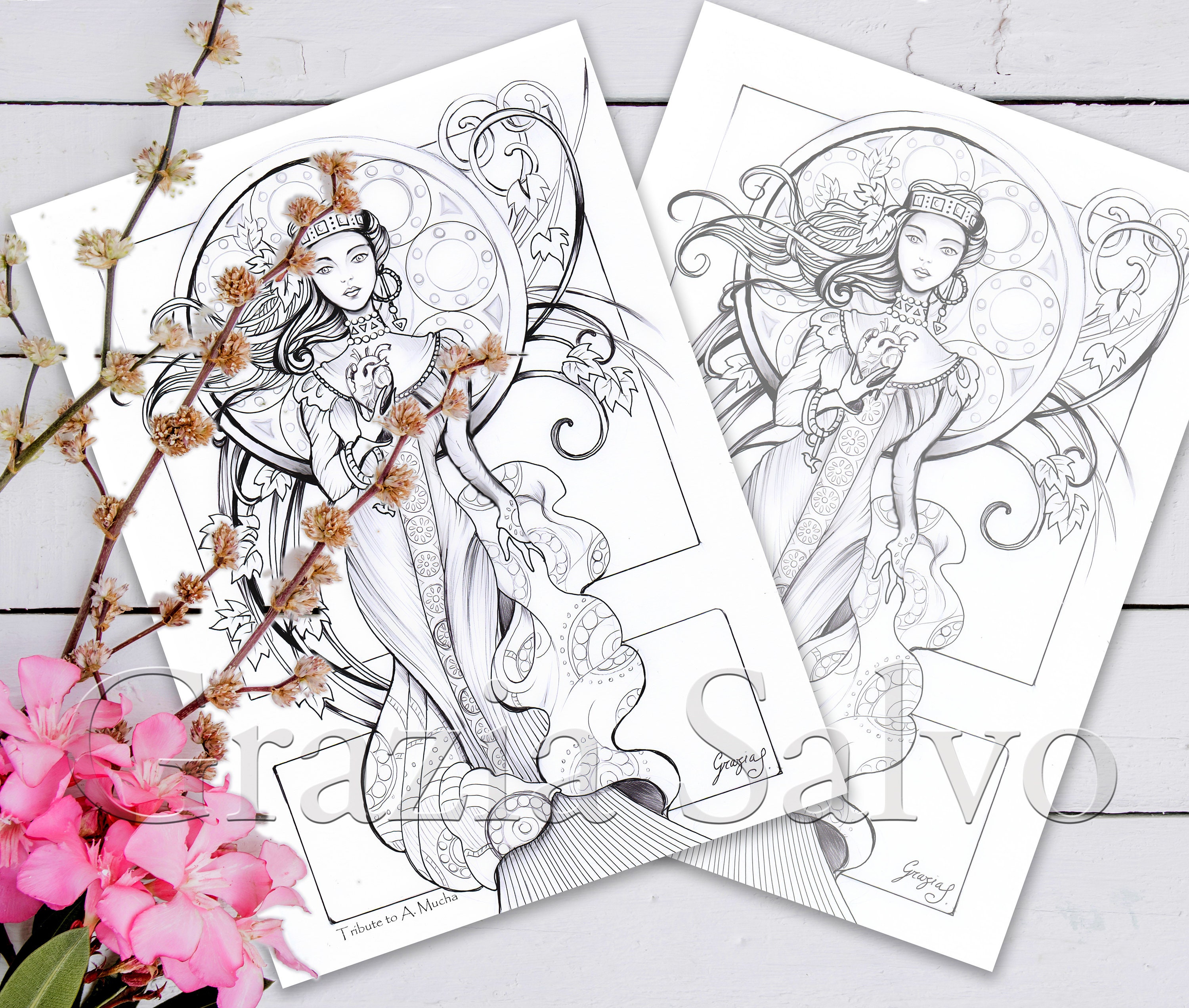 Tribute to alphonse mucha printable coloring page of portraits of women in art