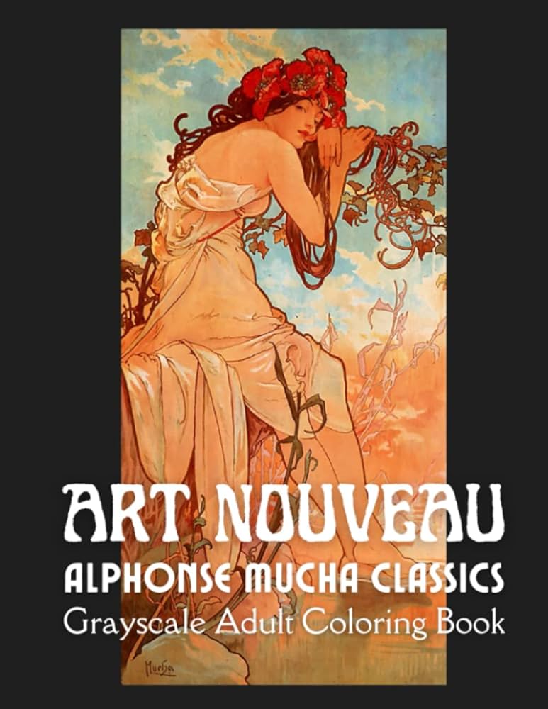 Art nouveau alphonse mucha classics grayscale adult coloring book classic alphonse mucha collection paintings displaying elegant art nouveau relief duplicated images backing pages blue paget books