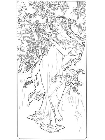 Primavera de alphonse mucha dibujo para colorear alphonse mucha pãginas para colorear arte colorido