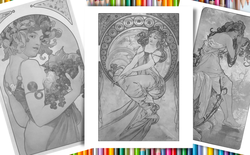 Art nouveau alphonse mucha classics grayscale adult coloring book classic alphonse mucha collection paintings displaying elegant art nouveau relief duplicated images backing pages blue paget books