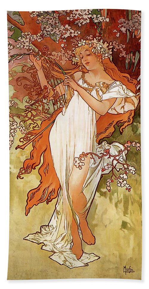Alphonse mucha spring art nouveau poster beach sheet by tom hill
