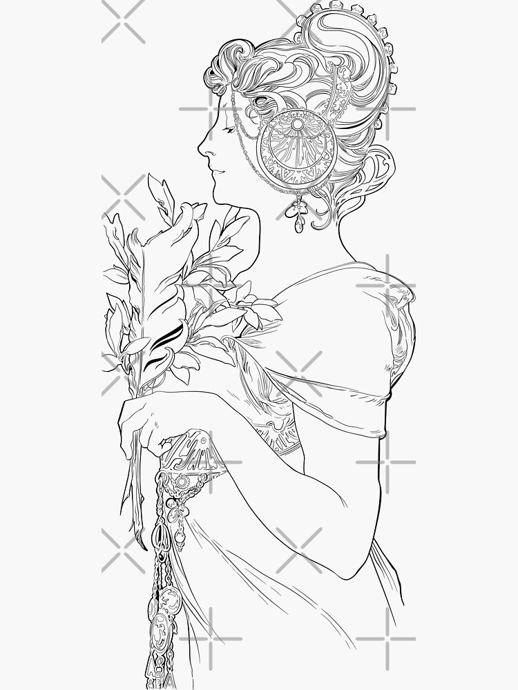 Alphonse mucha line art coloring page sticker for sale by alienpharaoh