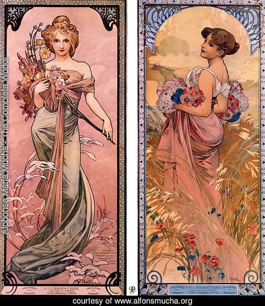 Alphonse maria mucha the seasons spring summer painting reproduction
