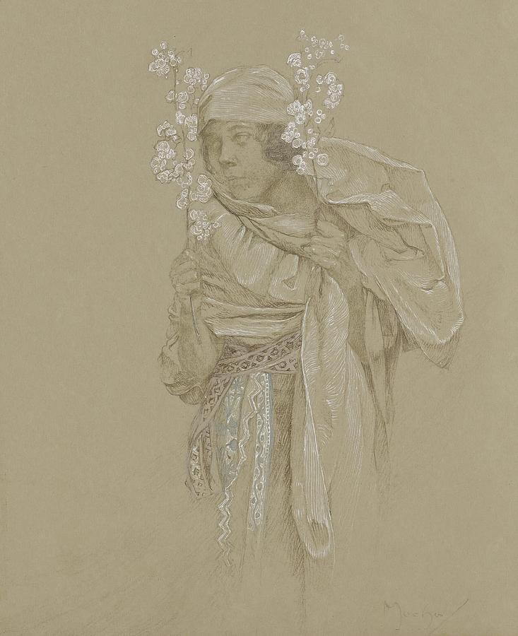 Allegory of spring drawing by alphonse mucha