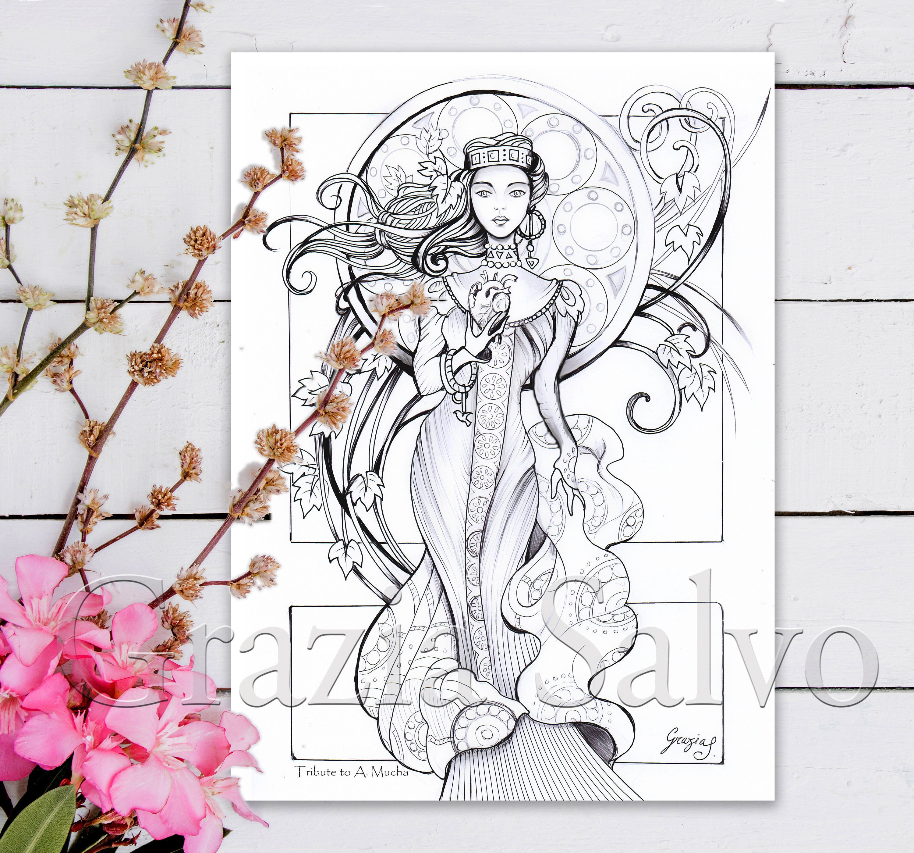 Tribute to alphonse mucha printable coloring page of portraits of women in art