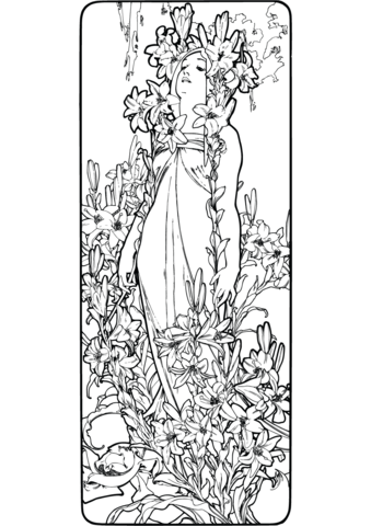 The flowers lily by alphonse mucha coloring page free printable coloring pages