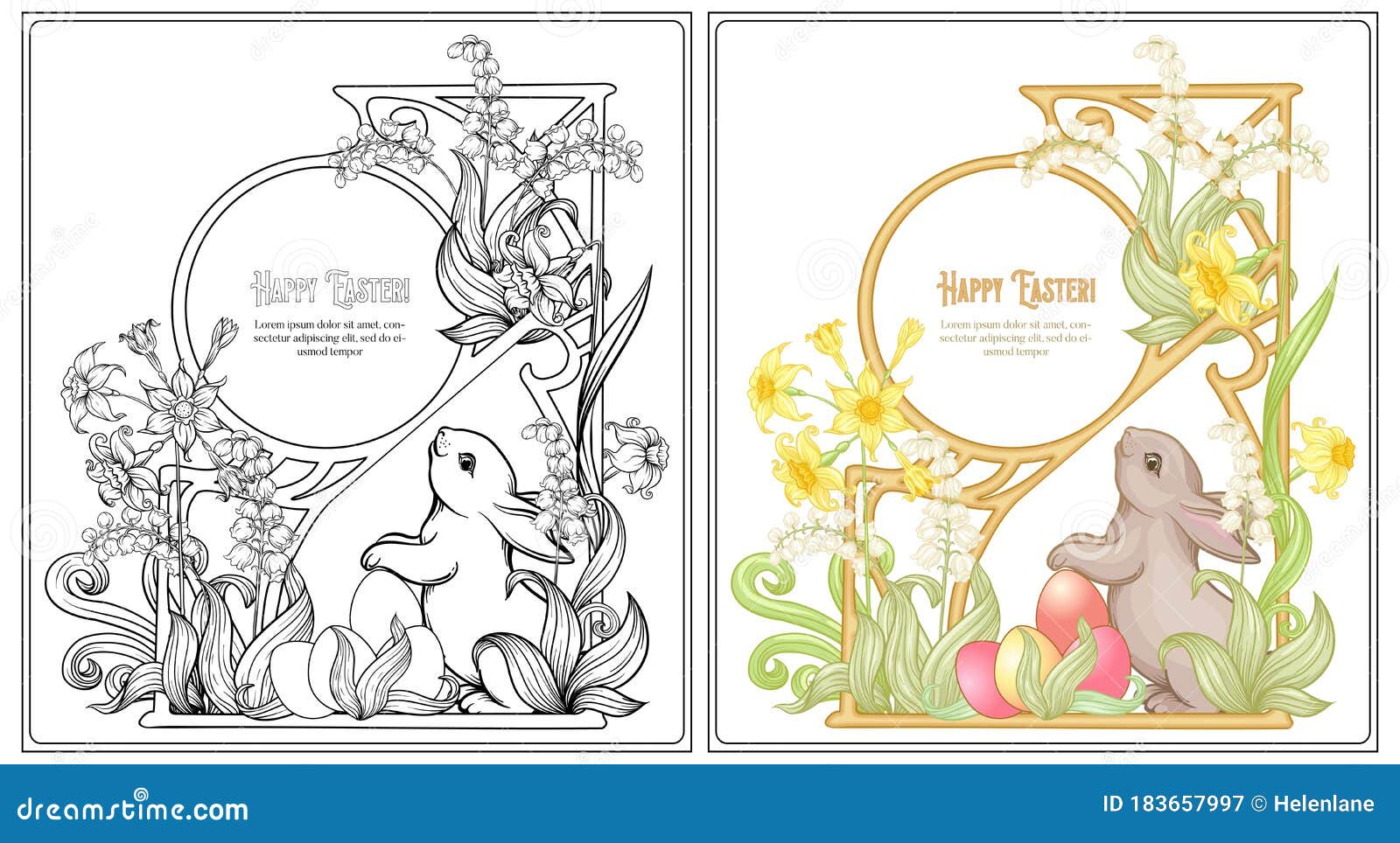 Happy easter coloring page for the adult coloring book with spring flowers eggs and rabbit stock vector