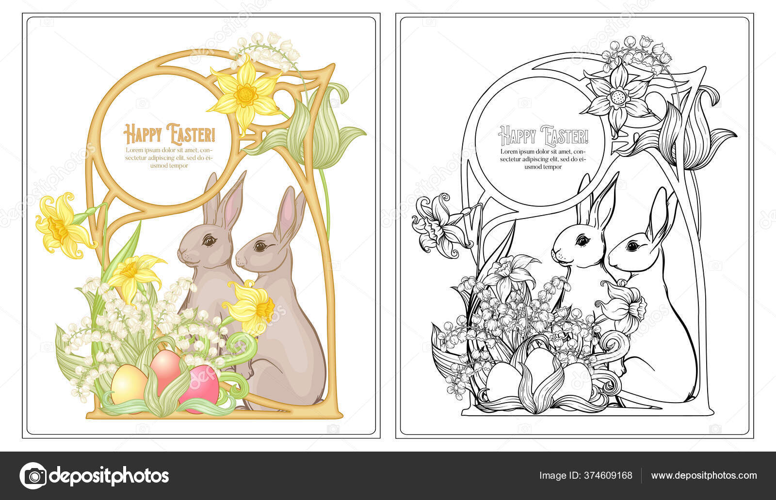 Happy easter coloring page for the adult coloring book with spring flowers eggs and rabbit stock vector by elenabesedina