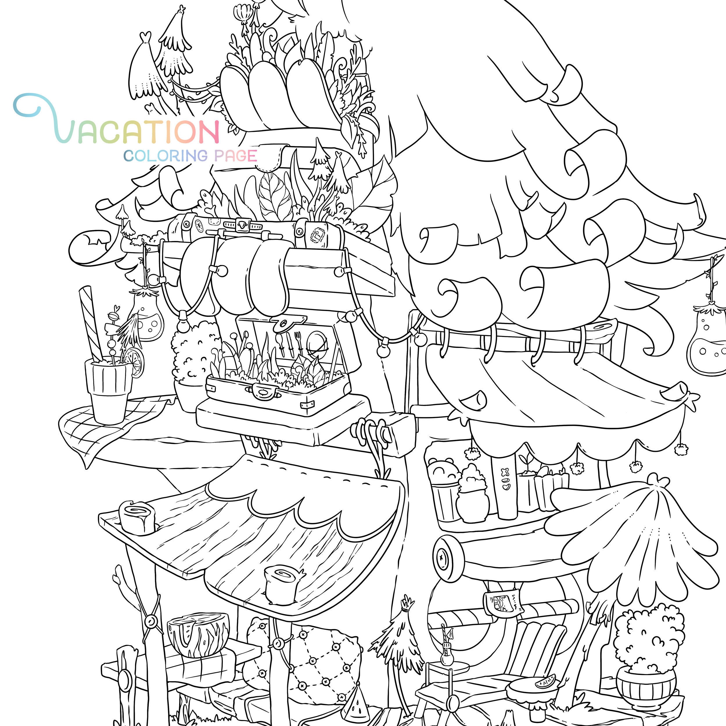 Staycation spring coloring page stay home summer adult coloring page garden fruits kawaii doodle digital download pdf printable by jen katz