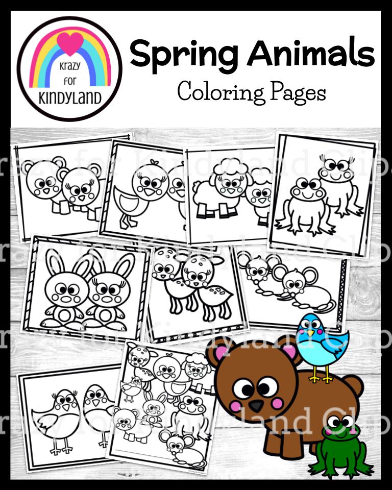 Spring animals coloring pages booklet rabbit duck frog bird deer bear