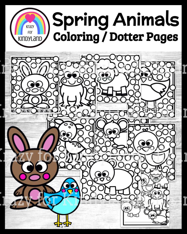 Spring animals coloring dotter pages booklet rabbit duck frog bird deer