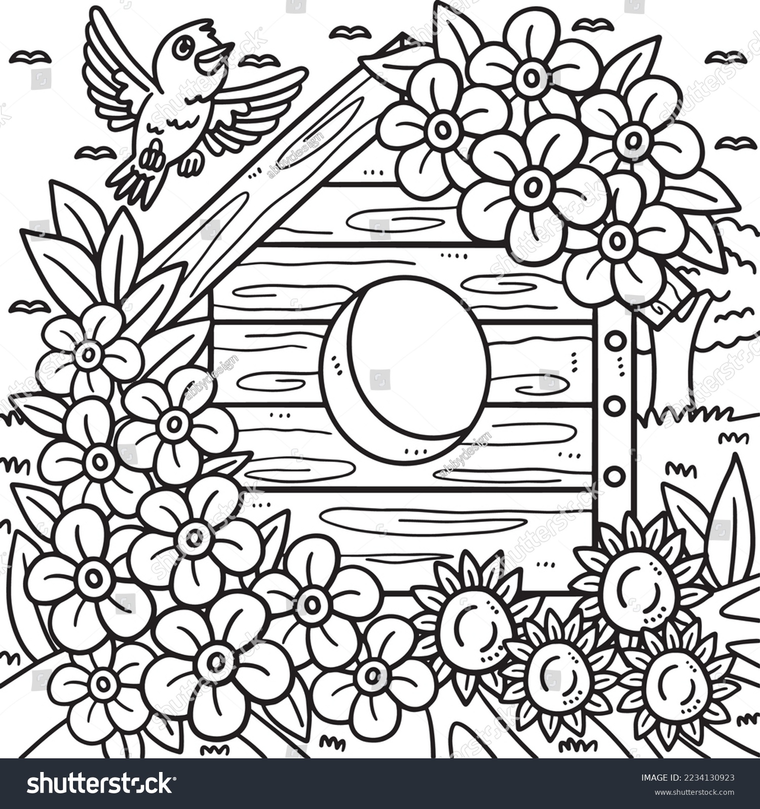 Spring bird house flowers coloring page stock vector royalty free