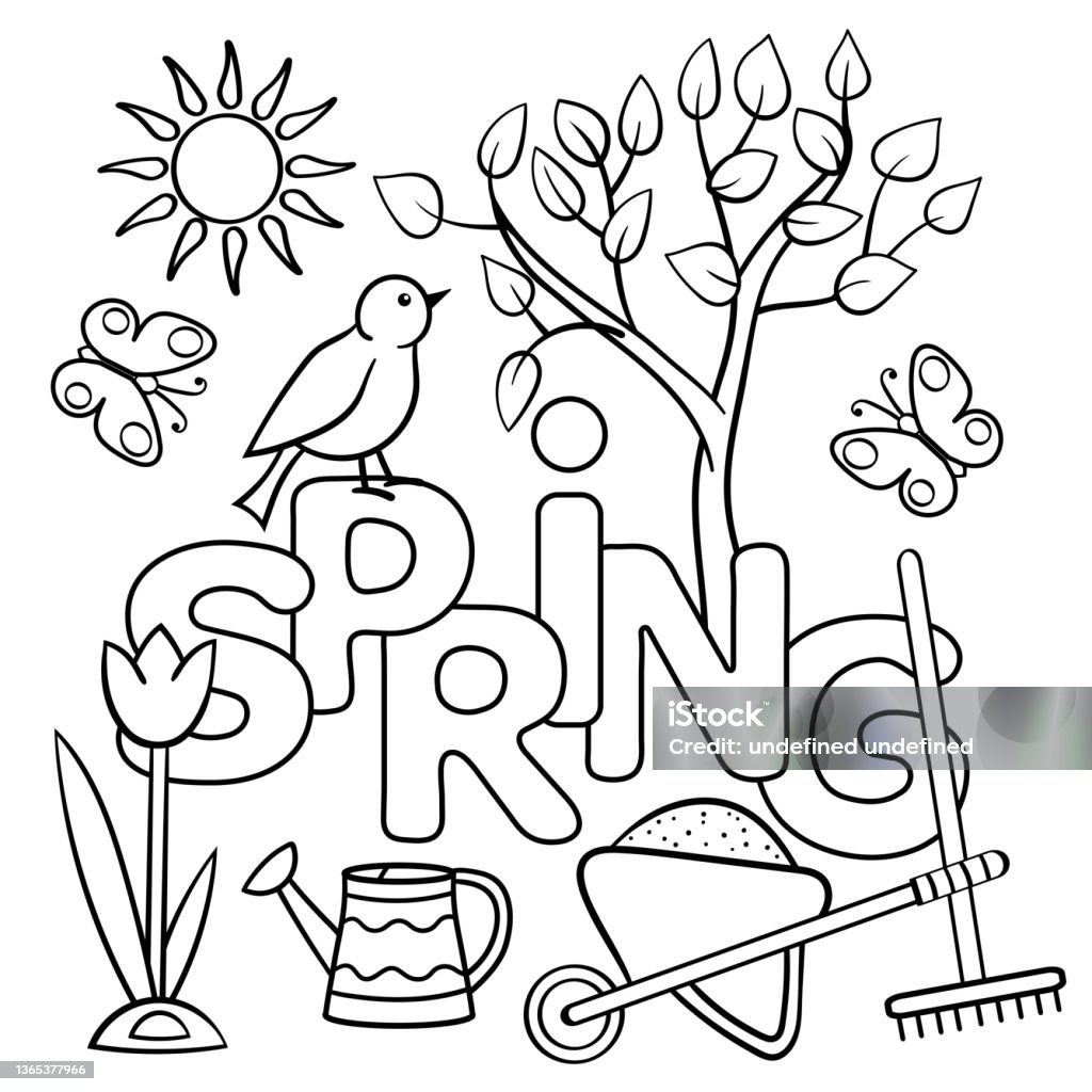 Coloring page with the word spring stock illustration