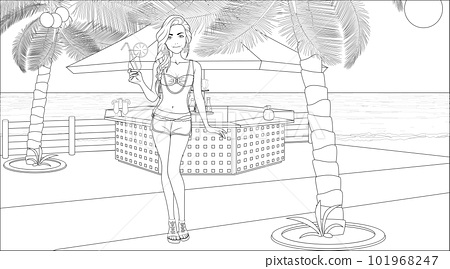 Spring break coloring page with female