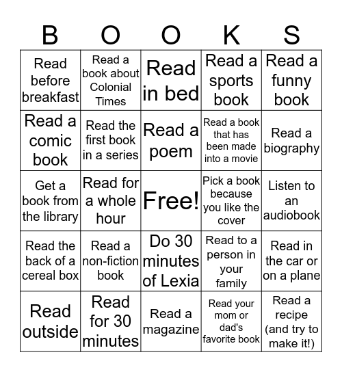 Spring break reading bingo card