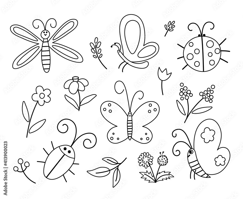 Vector black and white insect and first flower icons pack funny spring garden outline collection cute ladybug butterfly beetle dandelion illustration for kids bugs and plants coloring page vector