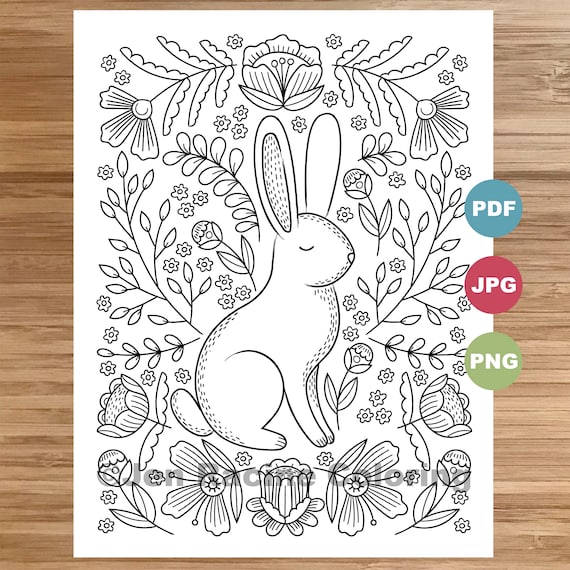 Bunny coloring page hygge floral scandinavian cozy