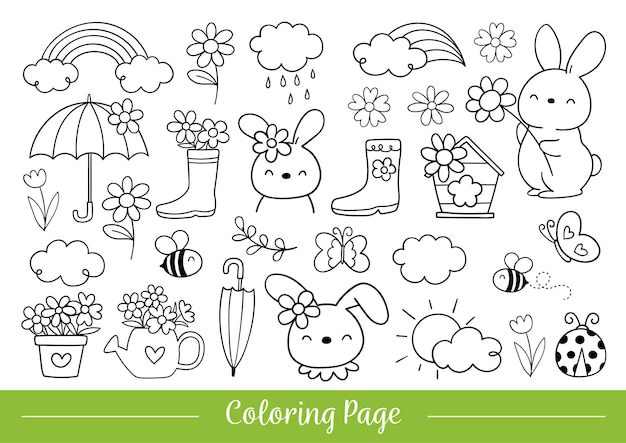 Premium vector draw coloring page bunny with flower for spring season