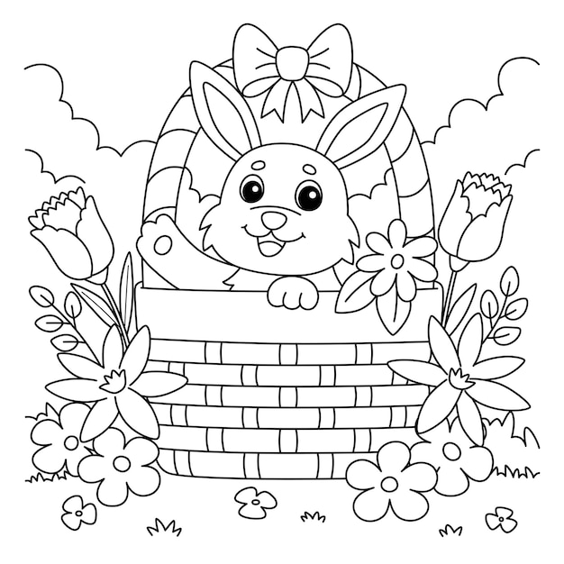 Premium vector spring rabbit inside the basket coloring page