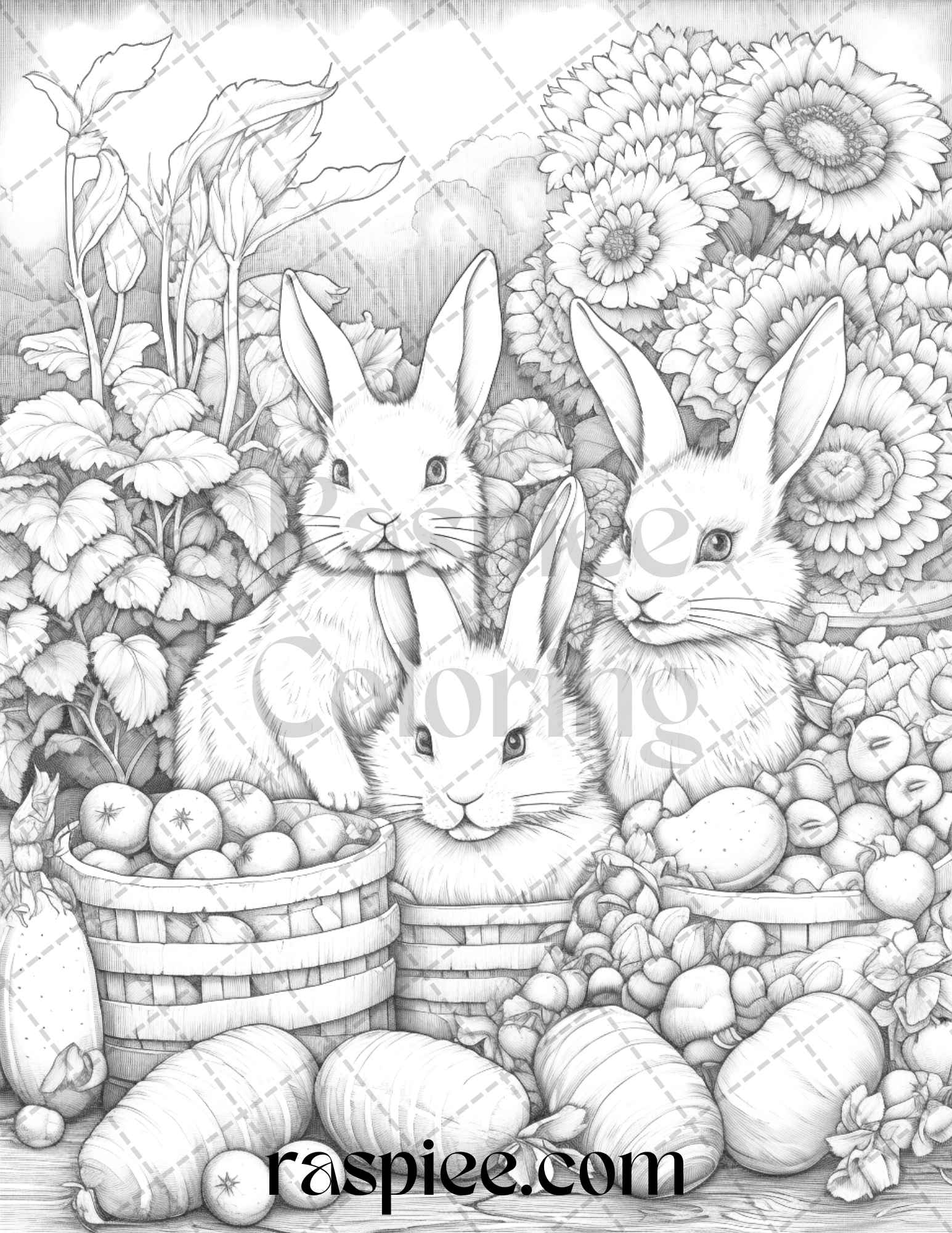 Rabbit garden grayscale coloring pages printable for adults pdf fi â coloring